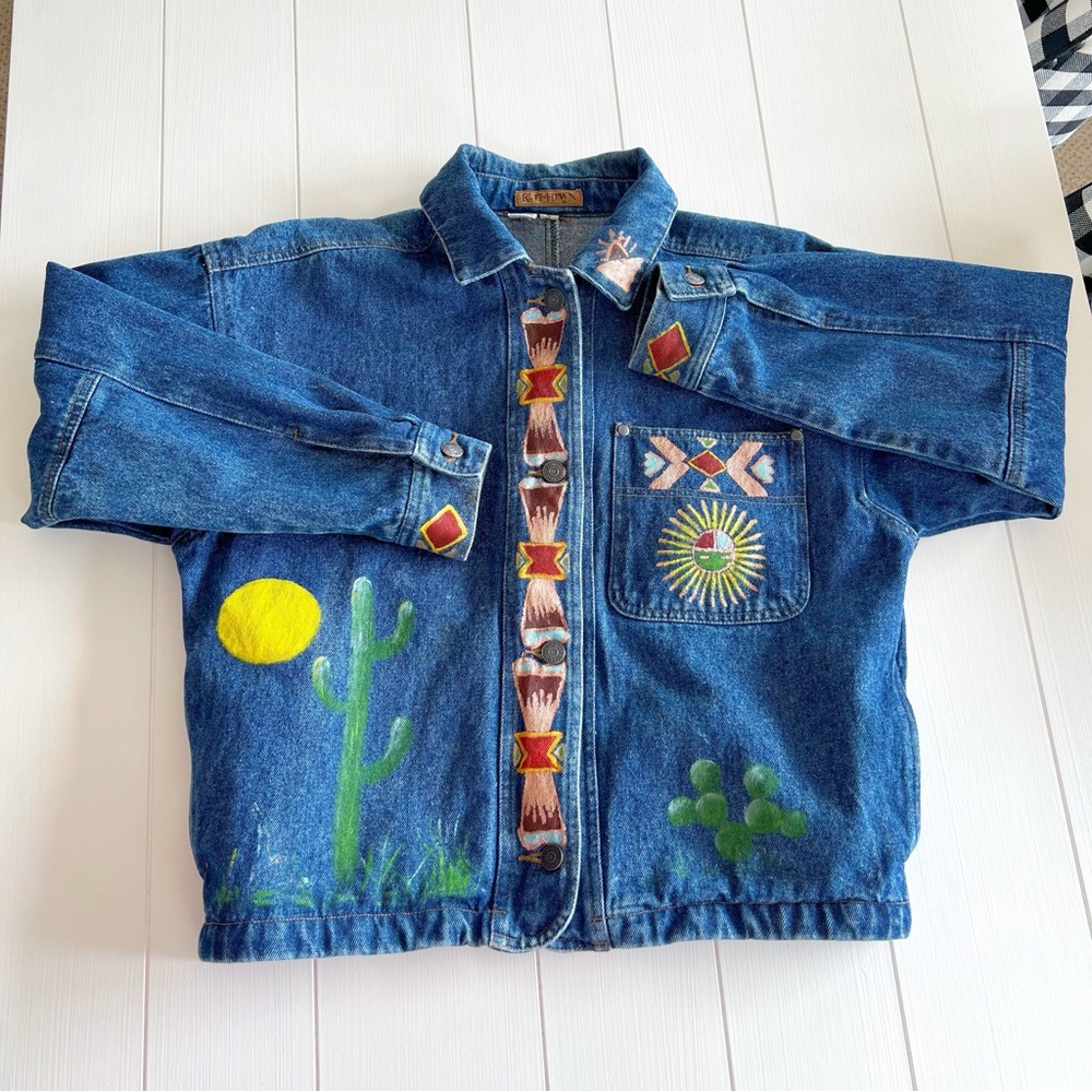 Hand Painted Vintage Ruff Hewn Denim Jean Jacket Southwest Aztec Desert Cactus S - Picture 14 of 16